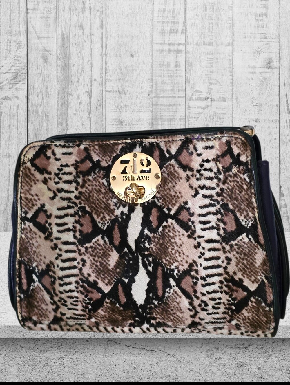 Henri Bendel 712 Fifth Ave Snake Print Leather Clutch Wristlet Bag Purple Trim